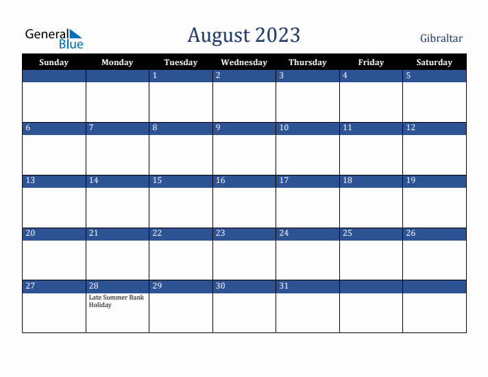 August 2023 Gibraltar Calendar (Sunday Start)