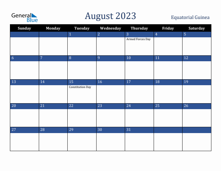 August 2023 Equatorial Guinea Calendar (Sunday Start)