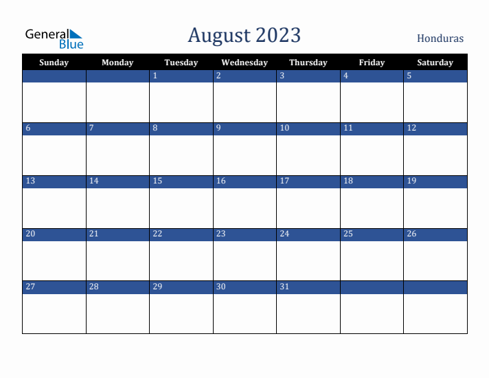 August 2023 Honduras Calendar (Sunday Start)