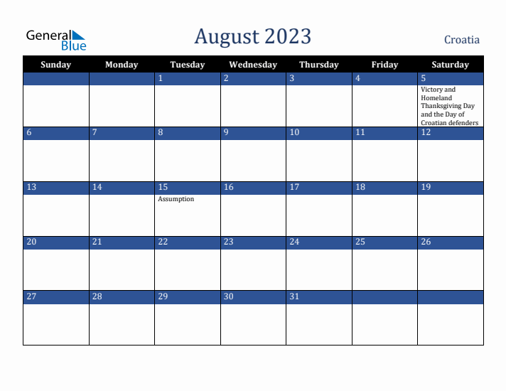 August 2023 Croatia Calendar (Sunday Start)