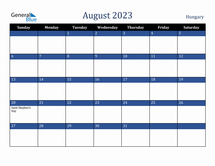 August 2023 Hungary Calendar (Sunday Start)