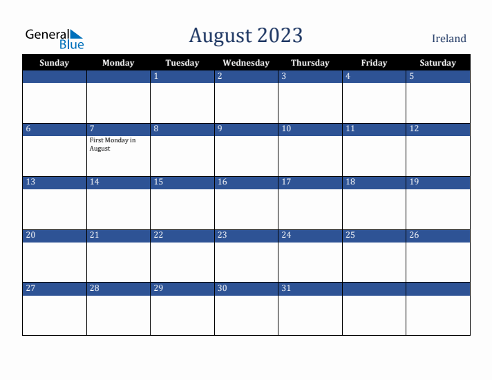 August 2023 Ireland Calendar (Sunday Start)