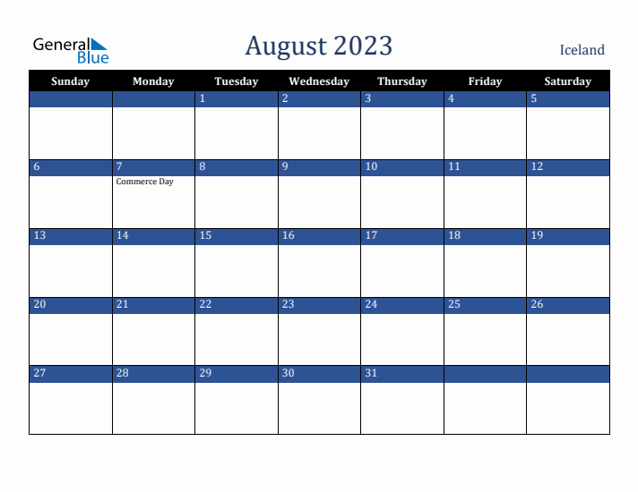 August 2023 Iceland Calendar (Sunday Start)
