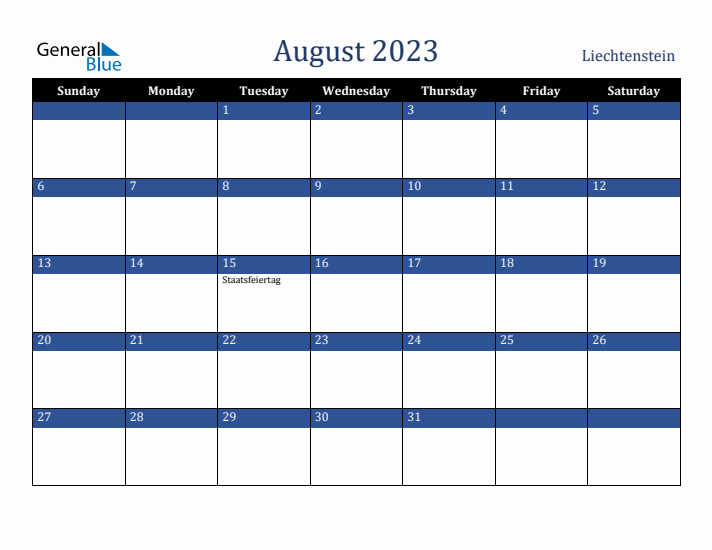 August 2023 Liechtenstein Calendar (Sunday Start)