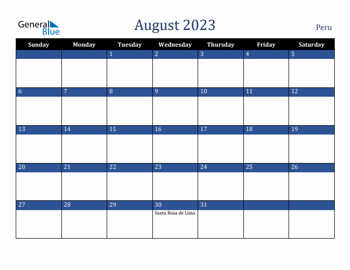 August 2023 Peru Calendar (Sunday Start)