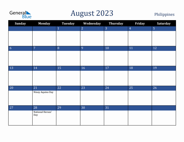 August 2023 Philippines Calendar (Sunday Start)
