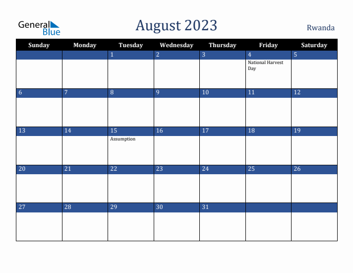 August 2023 Rwanda Calendar (Sunday Start)