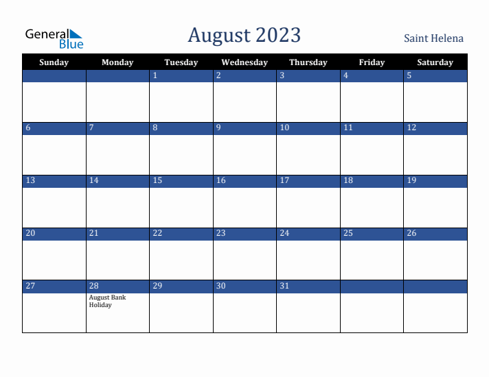 August 2023 Saint Helena Calendar (Sunday Start)