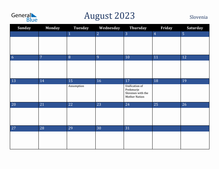 August 2023 Slovenia Calendar (Sunday Start)