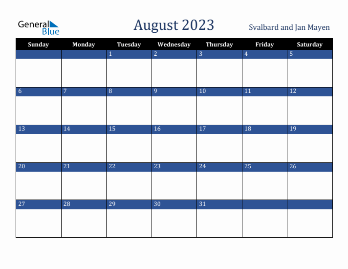 August 2023 Svalbard and Jan Mayen Calendar (Sunday Start)