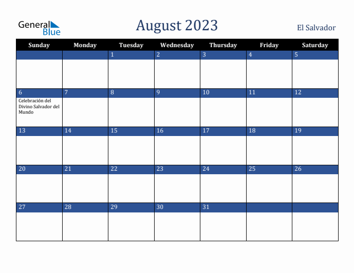 August 2023 El Salvador Calendar (Sunday Start)