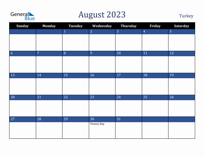 August 2023 Turkey Calendar (Sunday Start)