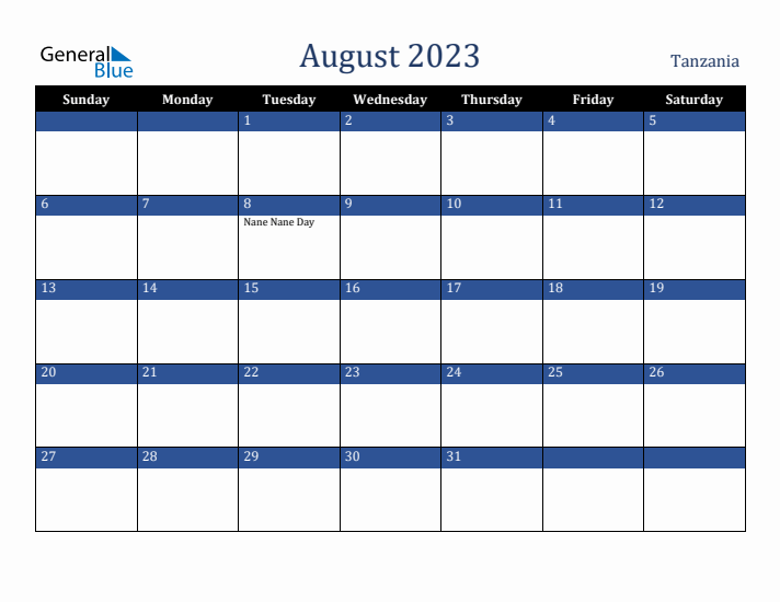 August 2023 Tanzania Calendar (Sunday Start)