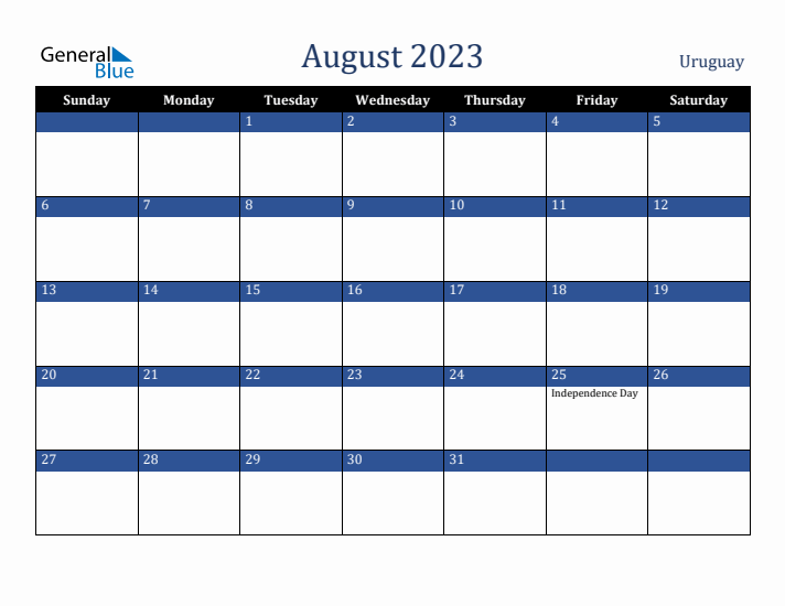 August 2023 Uruguay Calendar (Sunday Start)