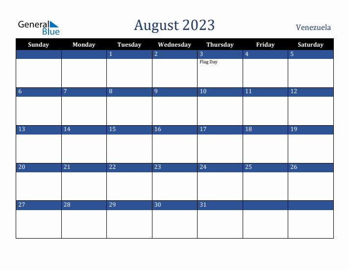 August 2023 Venezuela Calendar (Sunday Start)
