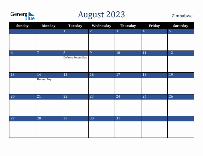 August 2023 Zimbabwe Calendar (Sunday Start)
