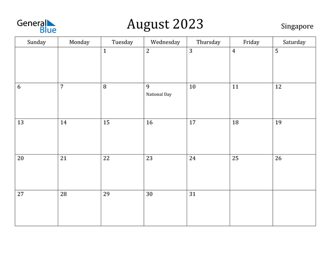 August 2023 Calendar with Singapore Holidays