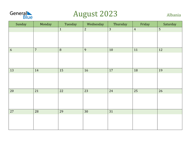 August 2023 Calendar with Albania Holidays