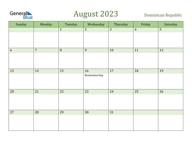 August 2023 Calendar with Dominican Republic Holidays