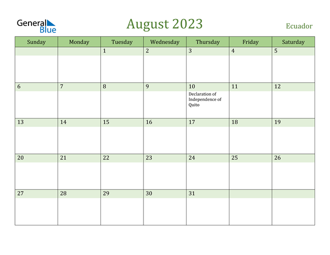 Ecuador August 2023 Calendar with Holidays