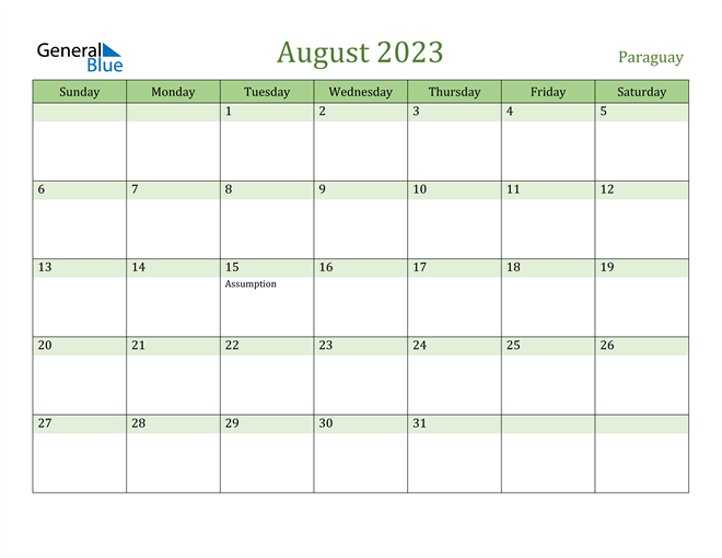 August 2023 Calendar with Paraguay Holidays