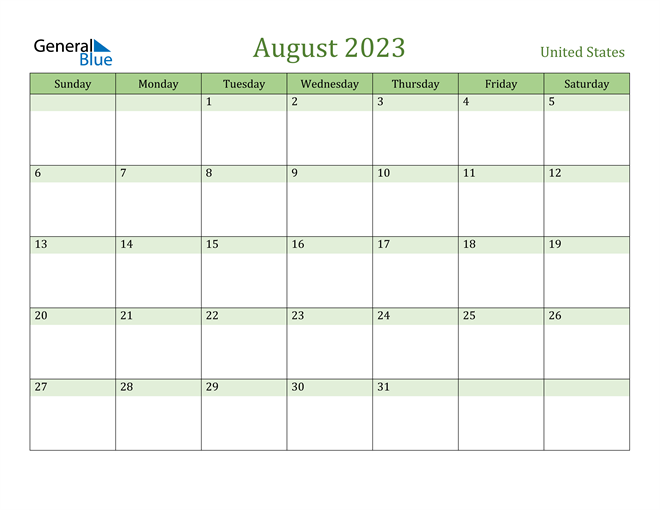 United States August 2023 Calendar with Holidays