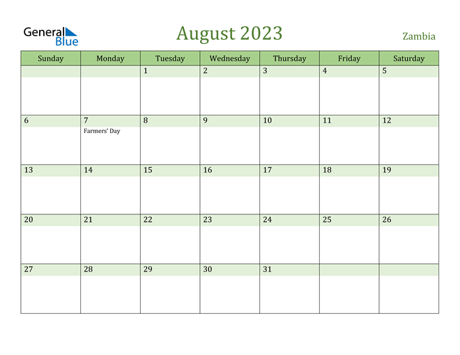 August 2023 Calendar with Zambia Holidays