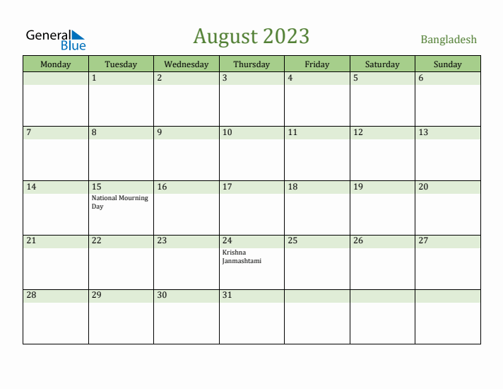 August 2023 Calendar with Bangladesh Holidays