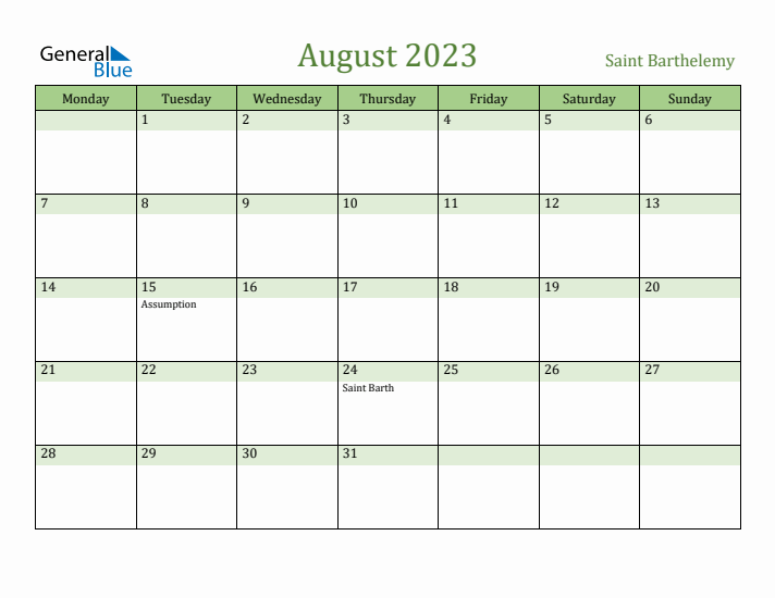 August 2023 Calendar with Saint Barthelemy Holidays