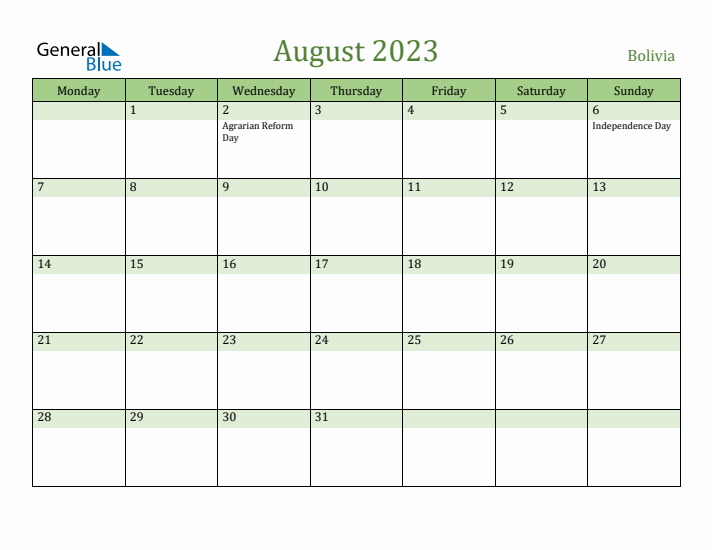 August 2023 Calendar with Bolivia Holidays