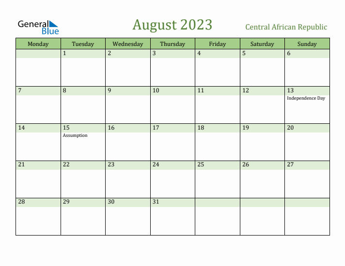 August 2023 Calendar with Central African Republic Holidays