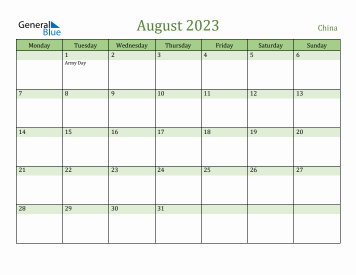 August 2023 Calendar with China Holidays