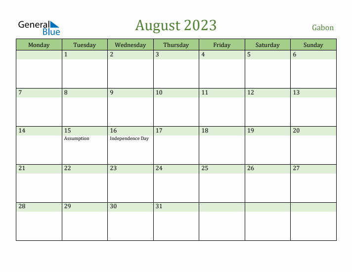 August 2023 Calendar with Gabon Holidays