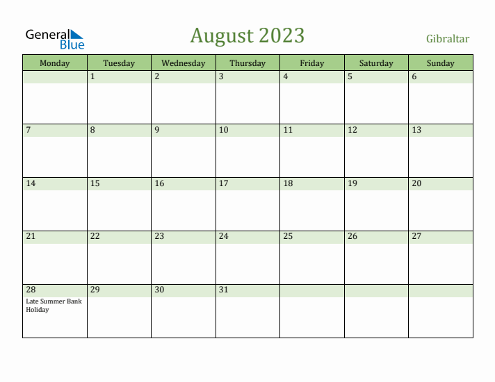 August 2023 Calendar with Gibraltar Holidays