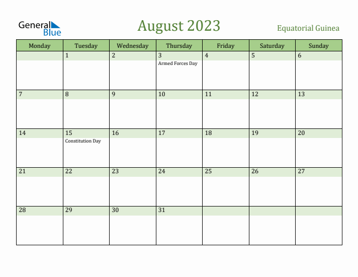August 2023 Calendar with Equatorial Guinea Holidays