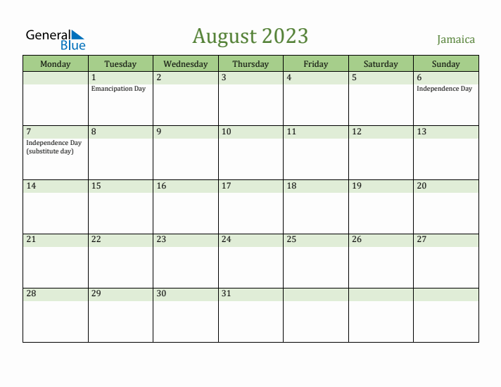 August 2023 Calendar with Jamaica Holidays