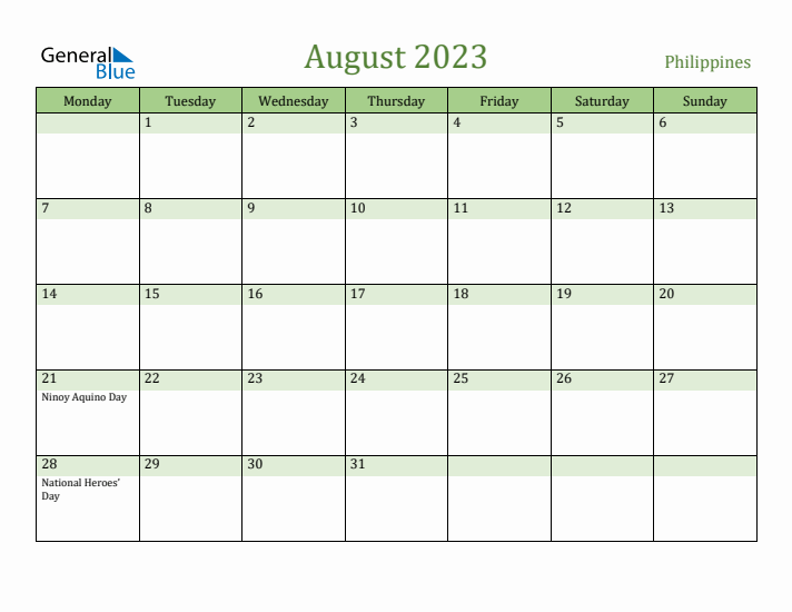 August 2023 Calendar with Philippines Holidays