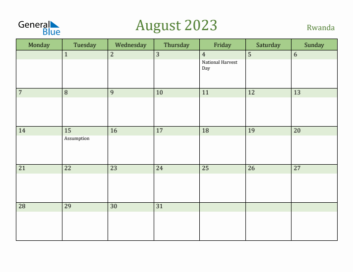 August 2023 Calendar with Rwanda Holidays