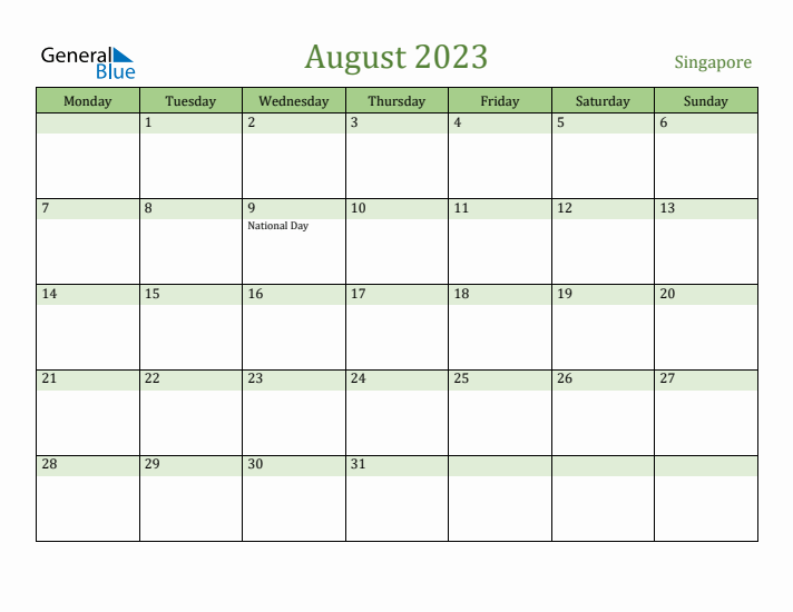 August 2023 Calendar with Singapore Holidays