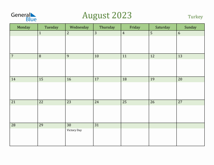 August 2023 Calendar with Turkey Holidays