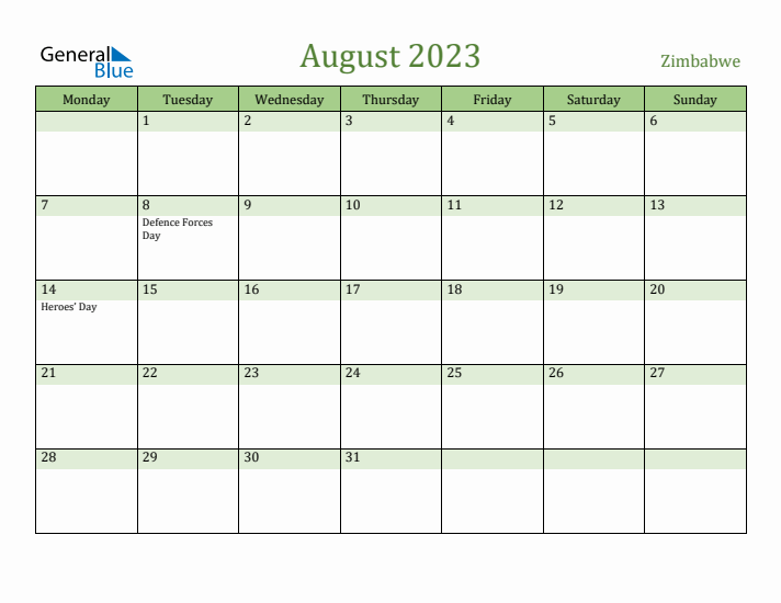 August 2023 Calendar with Zimbabwe Holidays