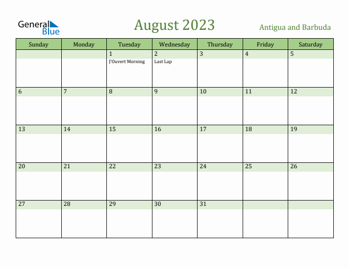August 2023 Calendar with Antigua and Barbuda Holidays