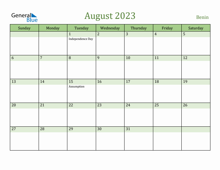August 2023 Calendar with Benin Holidays