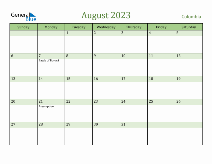 August 2023 Calendar with Colombia Holidays