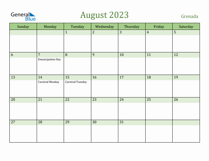 August 2023 Calendar with Grenada Holidays