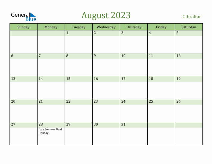 August 2023 Calendar with Gibraltar Holidays