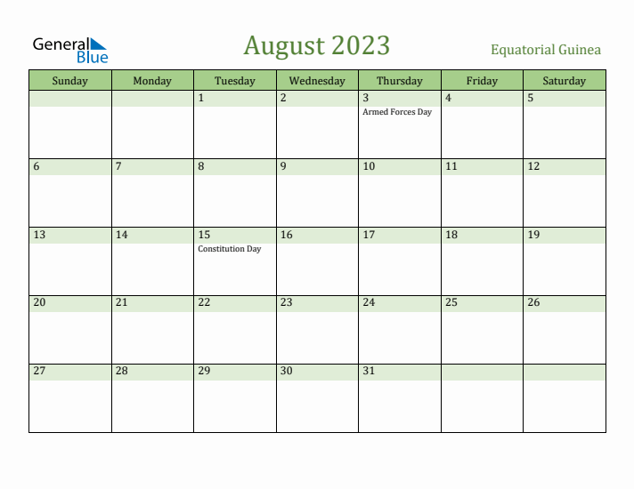 August 2023 Calendar with Equatorial Guinea Holidays