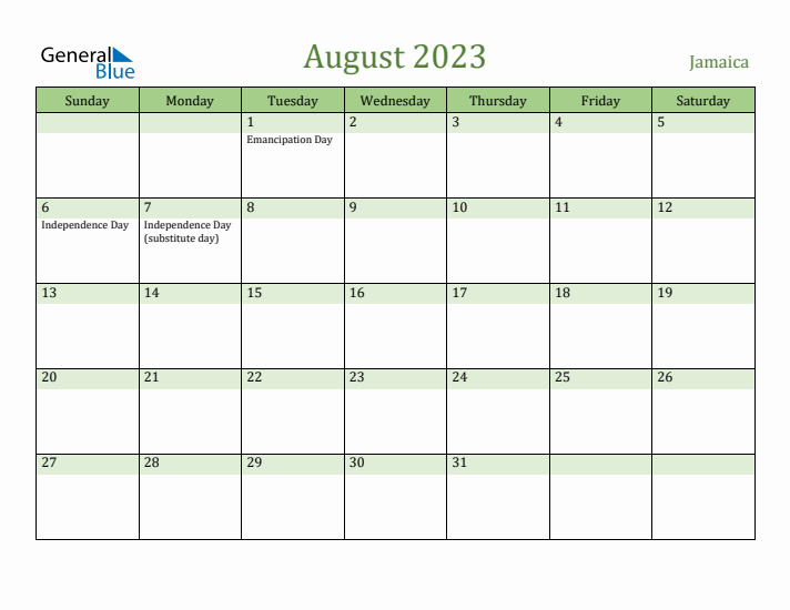 August 2023 Calendar with Jamaica Holidays