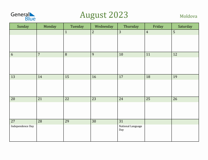 August 2023 Calendar with Moldova Holidays