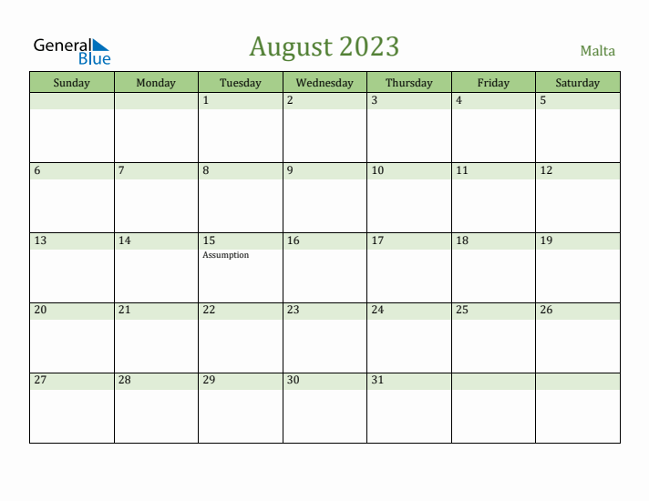 August 2023 Calendar with Malta Holidays